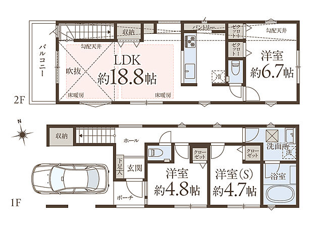 【3LDK】2階に配置されたLDKは、約18.8帖のゆとりある広さ。リビング・ダイニングに床暖房も搭載されており、ご家族でゆったりと寛げます。リビング階段と対面式キッチンが採用されています。