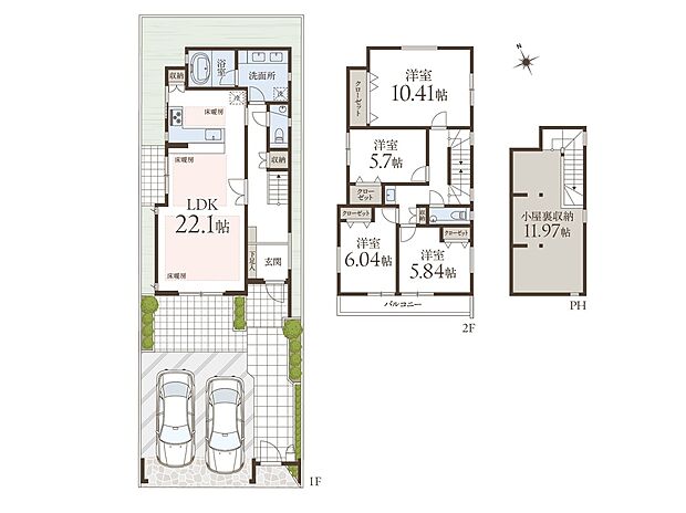 【4LDK】ご家族が集うLDKは、南向きで約22.1帖の広さ。固定階段でアクセスできるロフトに加えて、全居室に収納が備えられており、住空間を広く活用することができます。