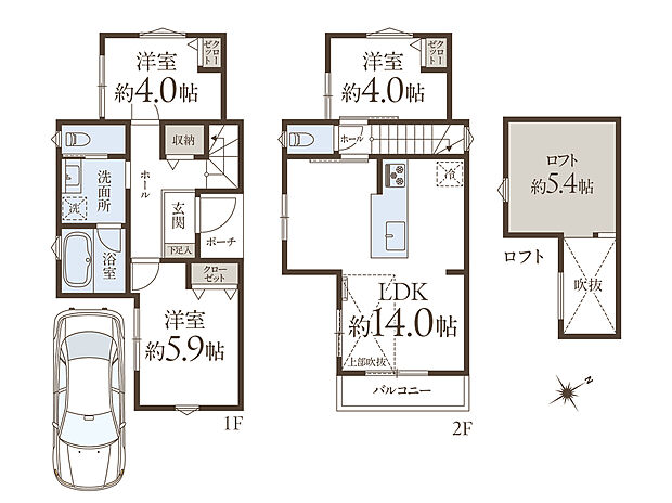 建物プラン例(1号地)3LDK、土地価格6980万円、土地面積84.61m2、建物価格2000万円、建物面積68.39m2
全居室2面採光で明るく風通しの良い空間。全居室に収納、1Fホールには収納スペースと大型ロフトを備え収納力抜群です。