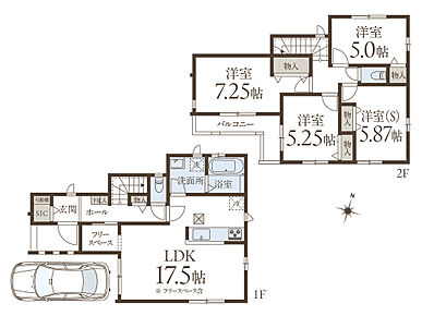 LDKは3面採光の明るさ溢れる住空間です。また、LDKの隣にフリースペースが配置され、収納やテレワークスペースなど、多目的に活用できます。 
