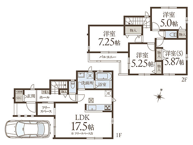 【4LDK】LDKは3面採光の明るさ溢れる住空間です。また、LDKの隣にフリースペースが配置され、収納やテレワークスペースなど、多目的に活用できます。