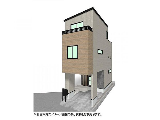 【外観イメージパース】スタイリッシュな外観の都市型3階建て新築住宅。 2階リビングに水回りを集約した「家事ラク動線」の設計が、忙しい毎日にゆとりを生みます。