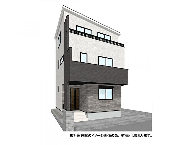 【外観イメージパース】南道路×全居室南向きで開放感に満ちた3階建て4LDK。駐車2台分（普通車＋軽）を確保したゆとりある設計。食洗機や浴室乾燥機など、共働き世帯にも嬉しい最新の時短設備を標準完備。
