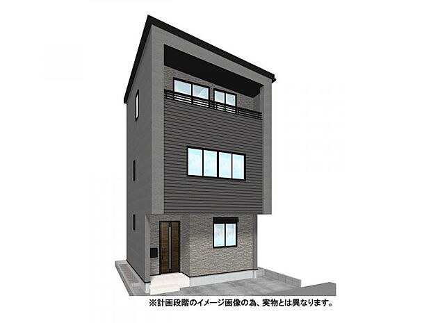 【外観イメージパース】黒とグレーのコントラストが都会的なモダンデザインの3階建。埼京線・武蔵野線の2路線が使え、中浦和駅から徒歩9分の近さです。お洒落な佇まいと優れた利便性が日々の暮らしを彩ります。