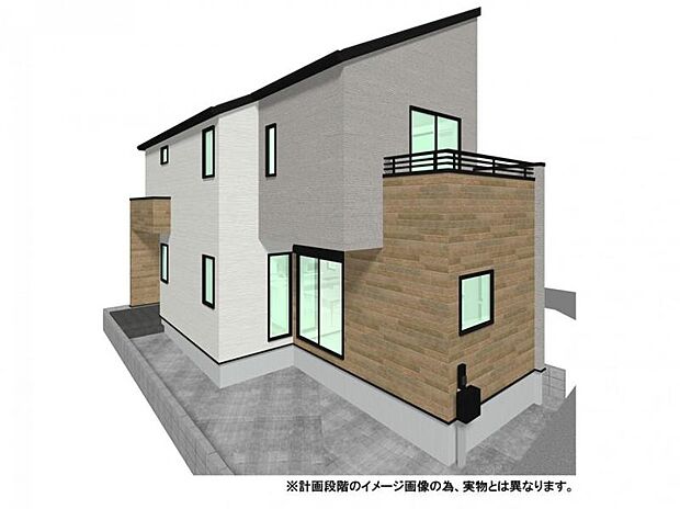 【外観イメージパース/1号棟】南西道路に面した陽光溢れる住まい。16帖超のLDKには便利なカウンターを設け、主寝室は7.3帖とゆとりある広さを確保。全居室収納付きの2階建て3LDK。