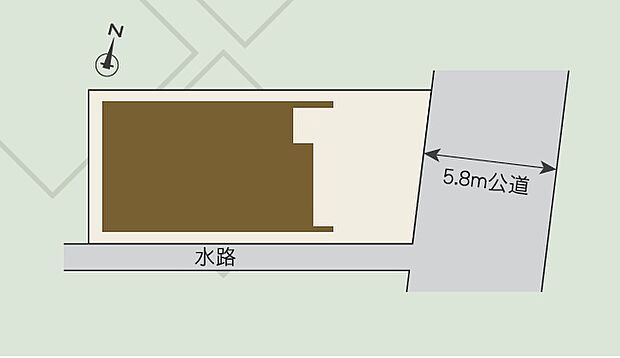 【区画図】前面道路はゆったり5.8m!普通車と軽自動車がすんなり停められるカースペース2台分を確保した開放的な敷地です。