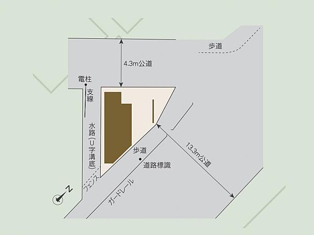 4.3mと13.3m公道に面した開放的な敷地!2面接道で陽当り・通風ともに良好な環境です。
