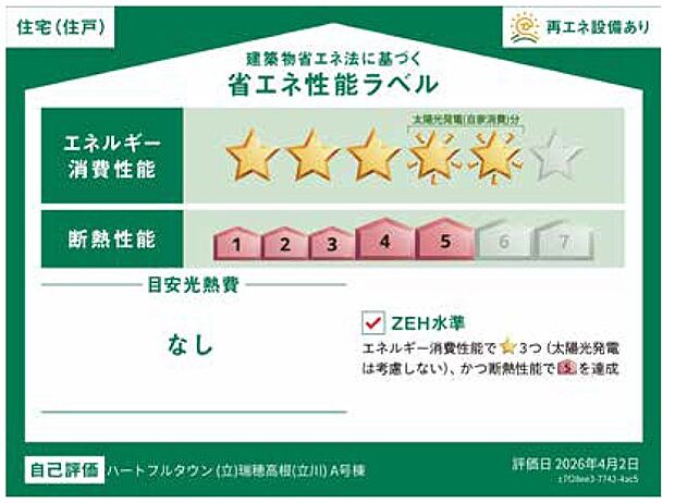【非公開】 国が定める「省エネ性能ラベル」を表示。断熱性能やエネルギー消費量が一目で分かり、光熱費にも配慮した住まいです。