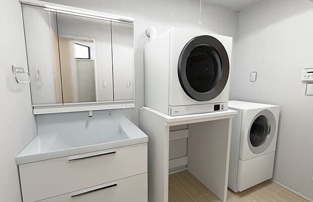 【洗面室イメージ】
東京ガス≪乾太くん≫標準仕様!洗面化粧台もスクエアタイプで使い勝手の良い仕様となっています。