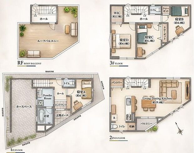 【参考プラン】建物プラン例4LDK、土地価格7490万円、土地面積57.7m2、建物価格2500万円、建物面積101.25m2