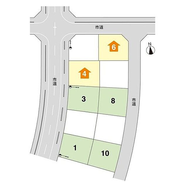 【全体区画図】全10区画「ウッドユータウン城西1丁目」
西側の大通りは歩道が整備され、お子様も安心して通行できます。