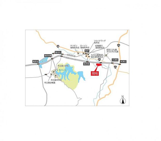 現地案内図/周辺に教育施設や商業施設があり、海南阪井バイパス沿いにある暮らしに便利な分譲地。
