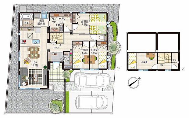 WICや納戸などがあり、小屋裏スペースもある3LDKの平屋になります。お車2台駐車できる計画です。