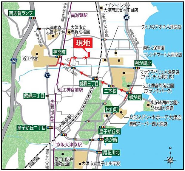 <現地案内図>京阪・JRの2路線利用圏。大津市柳川の落ち着いた住環境に、セキスイハイム品質の安心と将来性を備えた魅力の分譲地です。