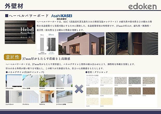 【外壁材】ヘーベルパワーボードは、37ｍｍ厚がもたらす重厚感と、パネルデザインと塗料の組み合わせにより、個性的な外観を実現します。
厚みのある外壁が深い彫りを可能にし、この彫りが立体感を生み、住まいに高級感をもたらします。