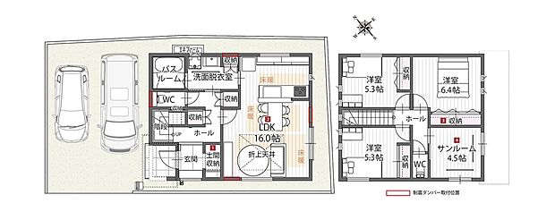 【間取図/D号地モデルハウス】1階ホール~LDK~洗面脱衣室が回遊でき、暮らし良い動線に。2階にサンルームを含む4部屋があり、洋室だけでなくホールや土間収納など、適材適所に収納を配置しています。