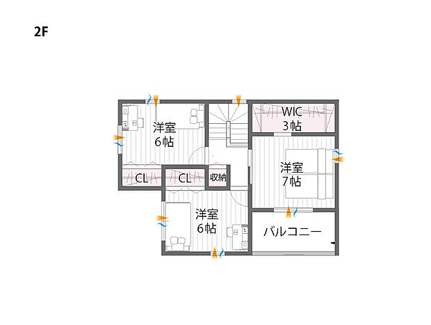 【2F間取図/C号地モデルハウス】主寝室は3帖ＷＩＣ、開放的なルーフバルコニーにつながるゆったりとした空間。バルコニーは屋根付きで、急な雨の際にも安心です。全居室多面採光で、光や風を取り込みます。