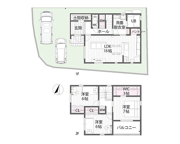 【【間取図/C号地モデルハウス】2026年5月完成予定】1階は玄関～洗面脱衣室～LDKを回遊できる機能的な動線に。帰宅時に手洗いを済ませてからLDKへ向かうことができ、家事効率にも配慮しています。全居室多面採光で陽光を取りこみ、2階バルコニーは主寝室に面し南向き。駐車スペースは2台駐車も可能です(車種による)。