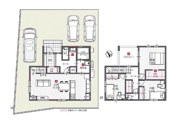 【3LDK + 土間収納/パントリー/ WIC】●玄関に土間収納を配置。土足のままで出入りができ、靴や雨具など、お出掛け用品をまとめて保管いただけます。
●玄関から洗面室へ直行でき、感染症対策としても安心。
●脱衣室は洗面室とは別空間に。ご家族が入浴中でも洗面室をご利用いただけます。対面キッチンからショートカットでつながり、家事動線も良好です。
●LDKは約17.5帖。キッチン、ダイニング、リビングをストレートで配置。視界が広がり、一体感に包まれます。
●2階寝室はゆったり約7.8帖。バルコニーに出入りができ、約2.3帖WIC付きです。