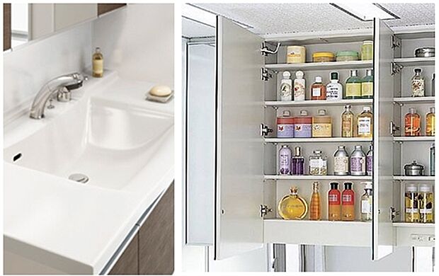 【タカラスタンダード　洗面化粧台】水栓を引き出して使える、お掃除に便利な洗面化粧台。洗面台下には収納を備えています。