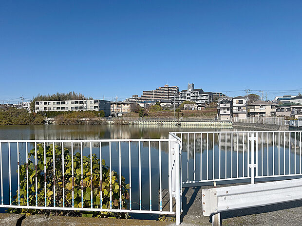 目の前に広がる「新からま池」の穏やかな水景。遮るもののない開放的な眺望は、高台エリアならではの特権です。水辺を渡る心地よい風を感じながら、四季折々の風景と共に暮らす、潤いに満ちた住環境が魅力です。