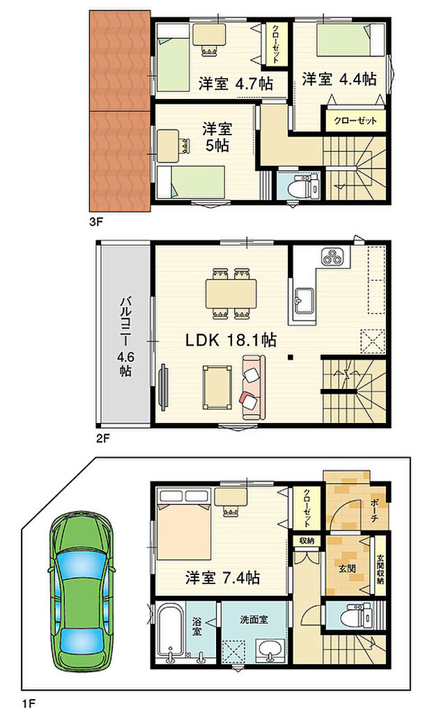 【参考プラン】延べ床面積：100.05m2（30.26坪）
1F：33.35m2　2F：33.35m2　3F：33.35m2　バルコニー：7.67m2
参考建物価格：23,387,200円