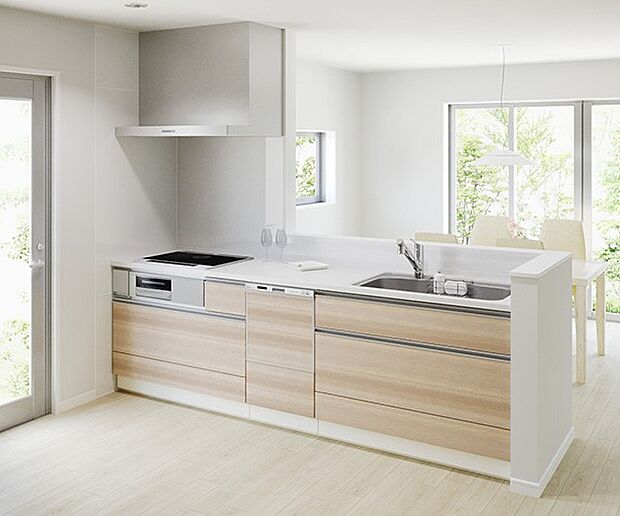 【【Takara standard】システムキッチン】家族でのコミュニケーションがとれる対面型キッチンです。横一列にシンクとコンロをまとめたシンプルな形です。動きやすさとスタイリッシュなデザインが魅力。