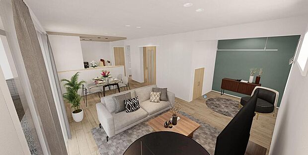 【LDK】完成予想イメージ　19.2帖の広々LDKにはアクセントクロスを採用しました。