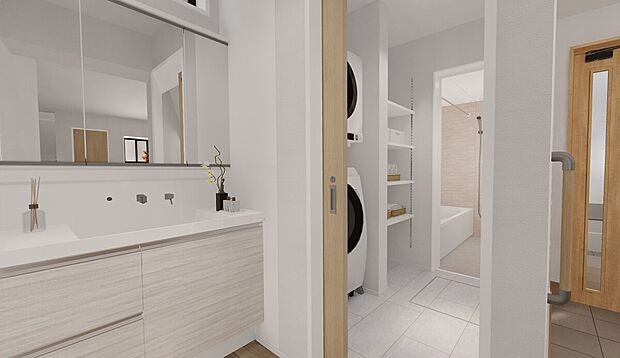 【洗面・脱衣室】完成予想イメージ　洗面台と脱衣室が分かれているため、お互いに気を遣いすぎることなく快適にお過ごしいただけます。