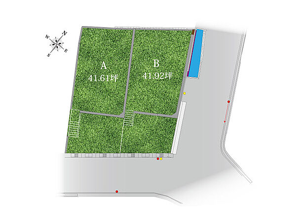 南向き、41坪超の敷地を使った自由設計の家造りが可能。前面道路も広く車の出し入れもラクラク。