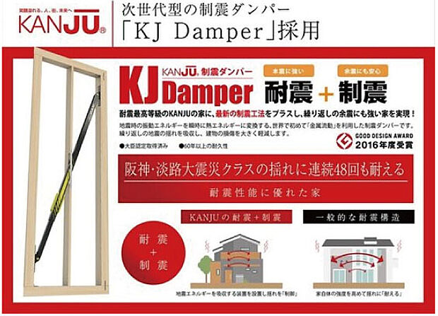 【【次世代型制振ダンパー採用】】KANJUの強い家、耐震性能に優れた家を実現している技術のひとつが次世代型の「制震ダンパー/KJ Damper」です。産学協働の研究成果によって開発されたこの耐震・制震技術は、地震による建物の揺れを大きく低減し、しかも繰り返しの地震でも性能を低下させません。