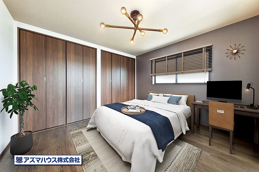 【寝室】Wクローゼットでお部屋をすっきり広々♪※実際の室内写真にCGで家具等を配置しております。
