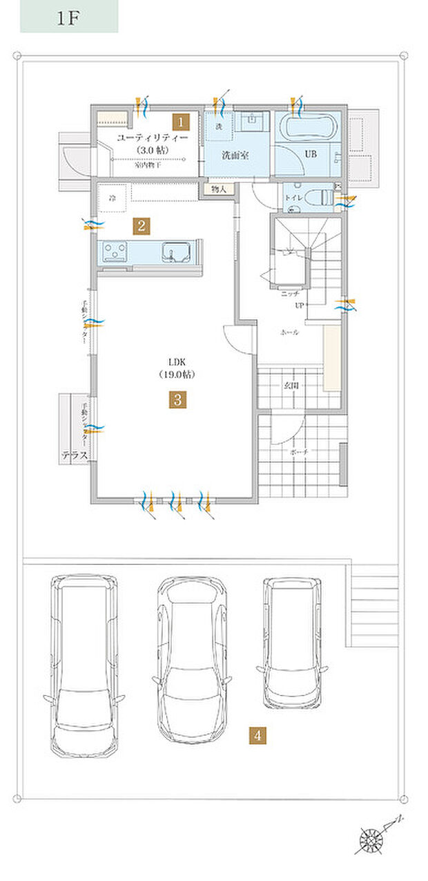 B号地<参考プラン>3LDK販売価格/2,890万円(建物価格)
土地面積 189.53m2(57.33坪) 延床面積 111.99m2(33.87坪)
1F床面積 58.58m2(17.72坪)