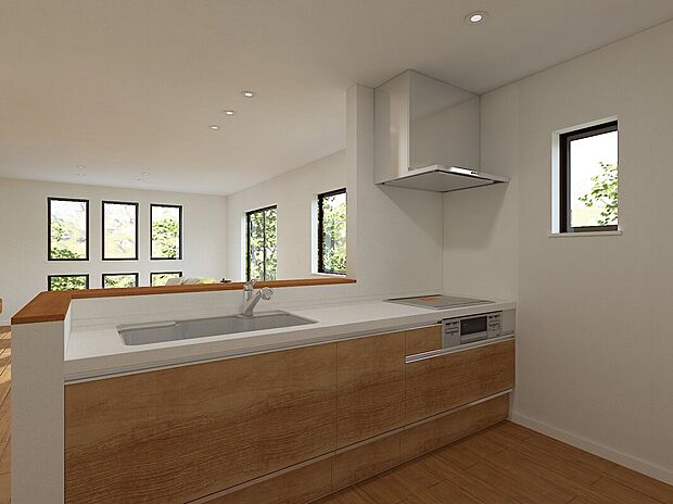 【キッチン＜B号地参考プラン＞】リビングの様子を見ながら料理ができる対面式キッチンスペースは、ご家族とのコミュニケーションが取りやすく後片付けもスムーズです。