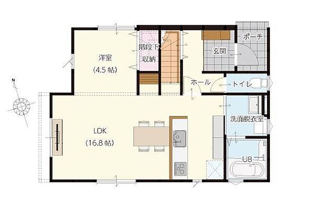 （1階の間取図）
2598万円、4LDK、土地面積150.24m2、建物面積103.5m2 
掃き出し窓の横に設けられた収納スペース。急な来客時でもリビングをスッキリ綺麗に保てます。