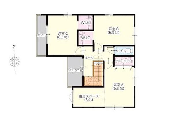 【1号地2階】【全室6.3帖以上と3帖の書斎】 全居室6.3帖以上。豊富な収納ですっきり暮らせます。また3帖の書斎スペースも完備。リモートワークや趣味に没頭できる「隠れ家」は、パパにも嬉しいポイント。