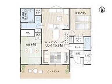 【開放感あふれる勾配天井のLDK】 16.2帖のLDK は、平屋ならではの勾配天井と化粧梁 が開放感を演出。隣接する6帖の和室 と合わせれば、さらに広々とした家族の憩いの場になります。 