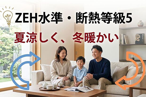 【【光熱費を抑えるZEH水準】 】断熱等級5の高性能な「夏涼しく冬暖かい家」。外気の影響を受けにくいため冷暖房効率が良いです。高騰する電気代を節約しつつ、部屋ごとの温度差が少ない快適で健康的な暮らしを♪