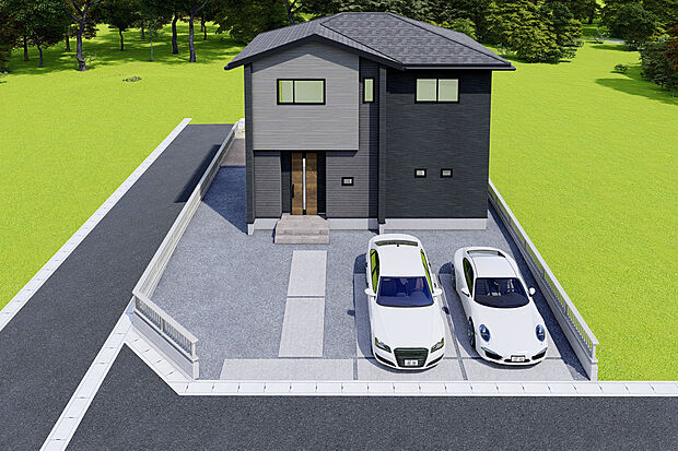 【5号地駐車場】車2台+αのゆとり。建物と駐車スペースのバランスが良い配置。前面道路も広く、日々の車の出し入れにストレスを感じさせません。