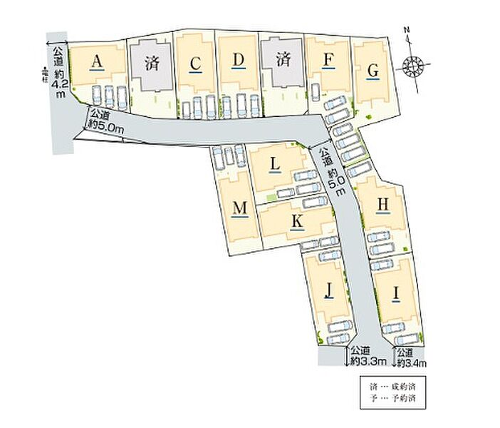 全体区面図
静かな住環境の新しい街並みが誕生。全棟駐車3台可能なゆとりある敷地に加え、間取りのバリエーションも豊富。