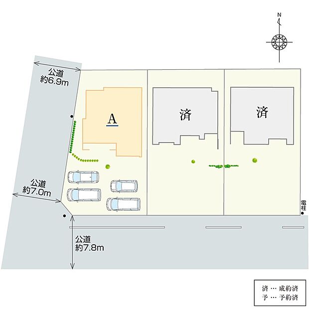 【全体区画図】
おかげ様でA棟のみの販売となりました。敷地71坪以上、駐車スペース4台。バイクや自転車を置ける駐輪スペースもございます。20.0帖のLDK+適材適所の収納を設置した5LDKの住まい。
