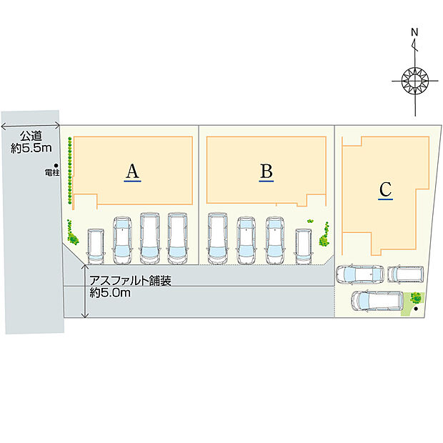 50坪超、駐車スペース3~4台分を確保したゆとりある土地面積です。全棟南側にバルコニーを設置し、日当たりに配慮した設計。長く安心して暮らせる長期優良住宅です。