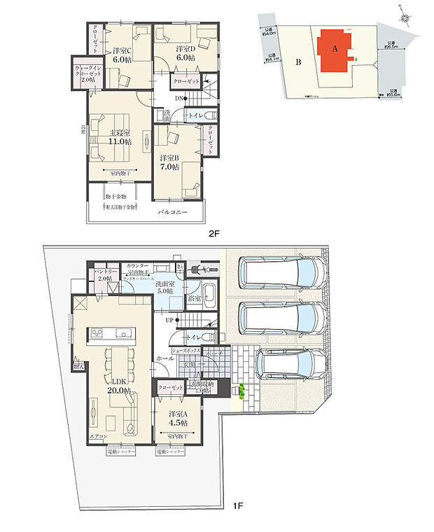 【5LDK】5LDK+ウォークインクローゼット+玄関収納+パントリー+ランドリースペース
駐車3台分
洗面室→パントリー→LDKと回遊性のある動線を確保!階を移動せずに手を洗うことができる2階洗面付き。