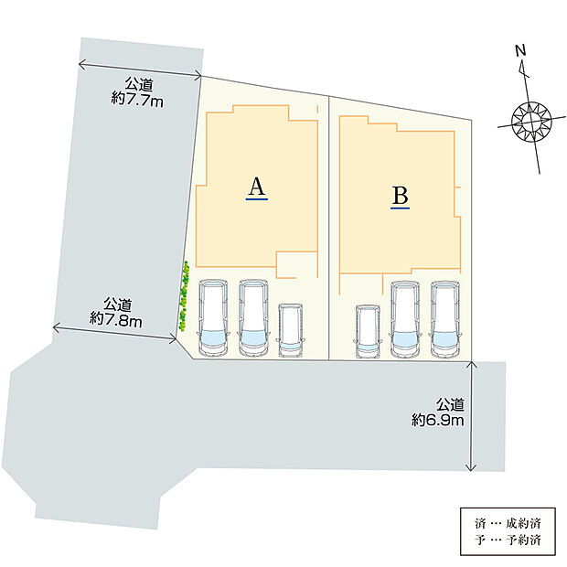 角地を含む全2区画！5LDK＋駐車3台分の広々とした住まいが誕生します。南向きにつき日当たり良好◎南側前面道路の幅員は約6.9mあり、入出庫がスムーズに行えます。
