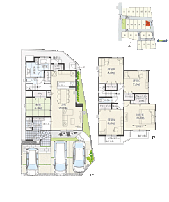 5LDK+多目的収納+ウォークインクローゼット+玄関収納+パントリー
駐車3台可

三方角地に位置し、開放感があります。全居室6.0帖以上のゆとりある住空間です。 