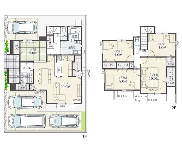 【5LDK】5LDK+多目的収納+Wウォークインクローゼット+玄関収納+パントリー
駐車4台可
リビングスルー階段により、ご家族の存在をより身近に感じることできます。全居室収納付きで、洋室は7.0帖以上の広さがあります。