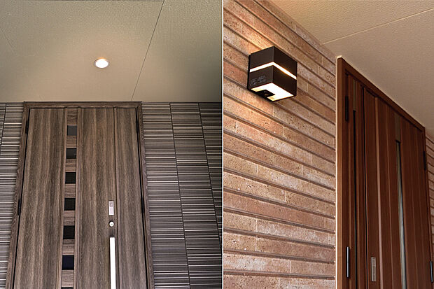 【人感センサーLEDポーチ灯】暗くなると自動点灯でお出迎えしてくれます。
深夜は人が近づいた時だけ点灯し防犯対策にも役立ちます。(物件により仕様は異なります。)