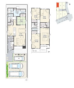 5LDK+Wウォークインクローゼット+玄関収納+ パントリー+ランドリースペース
■駐車スペース：3台(車種による)
※有効敷地面積／165.00m2 (49.91坪)

LDKが21.0帖、主寝室が10.0帖、2つの洋室が8.0帖と、広さにこだわった住まいです。 
