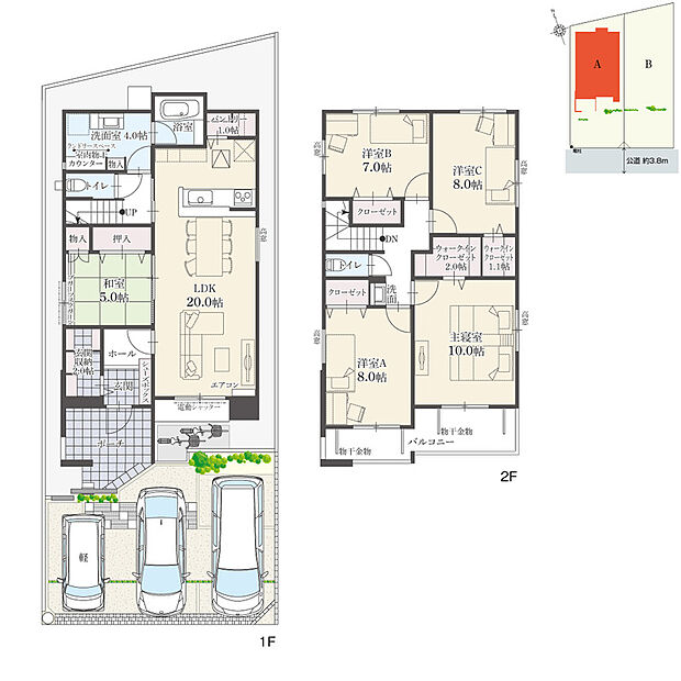 【5LDK】5LDK+Wウォークインクローゼット+玄関収納+パントリー+ランドリースペース
■駐車スペース：3台(車種による)
※延床面積にポーチ面積の一部(1.23m2)を含む

全居室収納スペース付き。トイレと洗面台は2ヶ所に設け、忙しい朝もスムーズです。