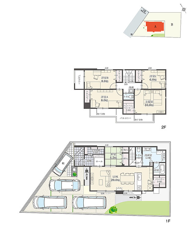 【5LDK】5LDK+ウォークインクローゼット+玄関収納+パントリー+ランドリースペース
駐車 4台分
※建物面積にバルコニー面積の一部(1.12m2)含む

ウォークインクローゼットや玄関収納を設け、ご家族の荷物をまとめて収納できます。収納スペースを随所に配置しているため、スッキリとした住空間を維持できます。